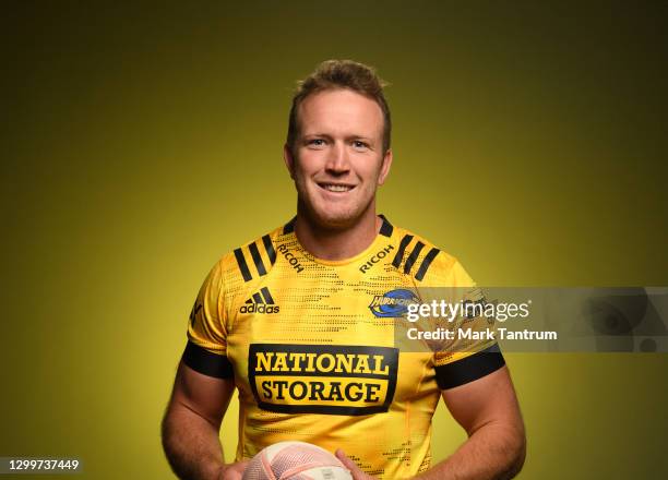Gareth Evans poses during the Hurricanes 2021 Super Rugby Aotearoa team headshots session at Rugby League Park on February 1, 2021 in Wellington, New...