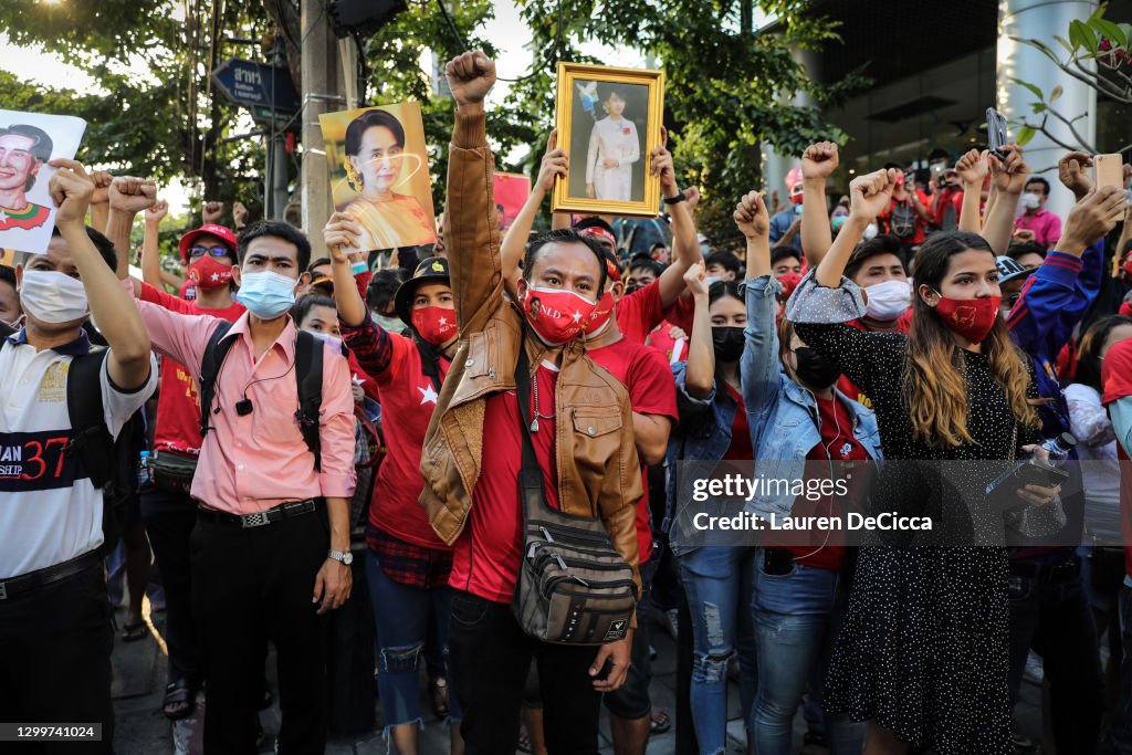 Protest At Myanmar Embassy In Bangkok After Coup