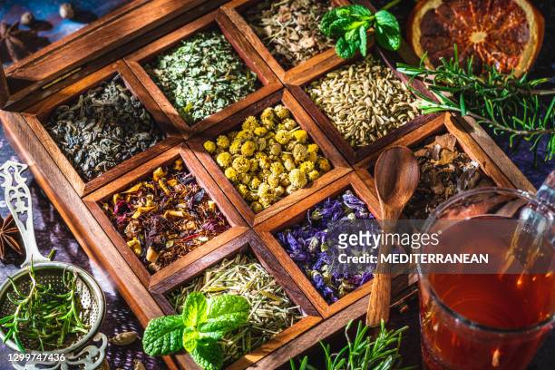 red tea with a box of tea herbs and aromatic spices - mint tea stock pictures, royalty-free photos & images
