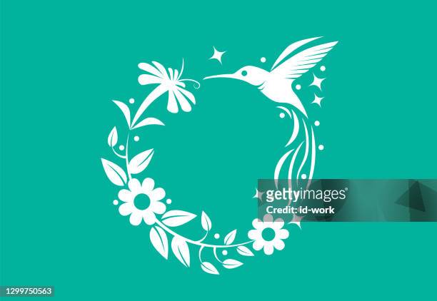 ilustraciones, imágenes clip art, dibujos animados e iconos de stock de colibrí con símbolo de flores - canturrear