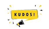 Megaphone with Kudos speech bubble banner. Loudspeaker. Can be used for business, marketing and advertising. Vector EPS 10. Isolated on white background