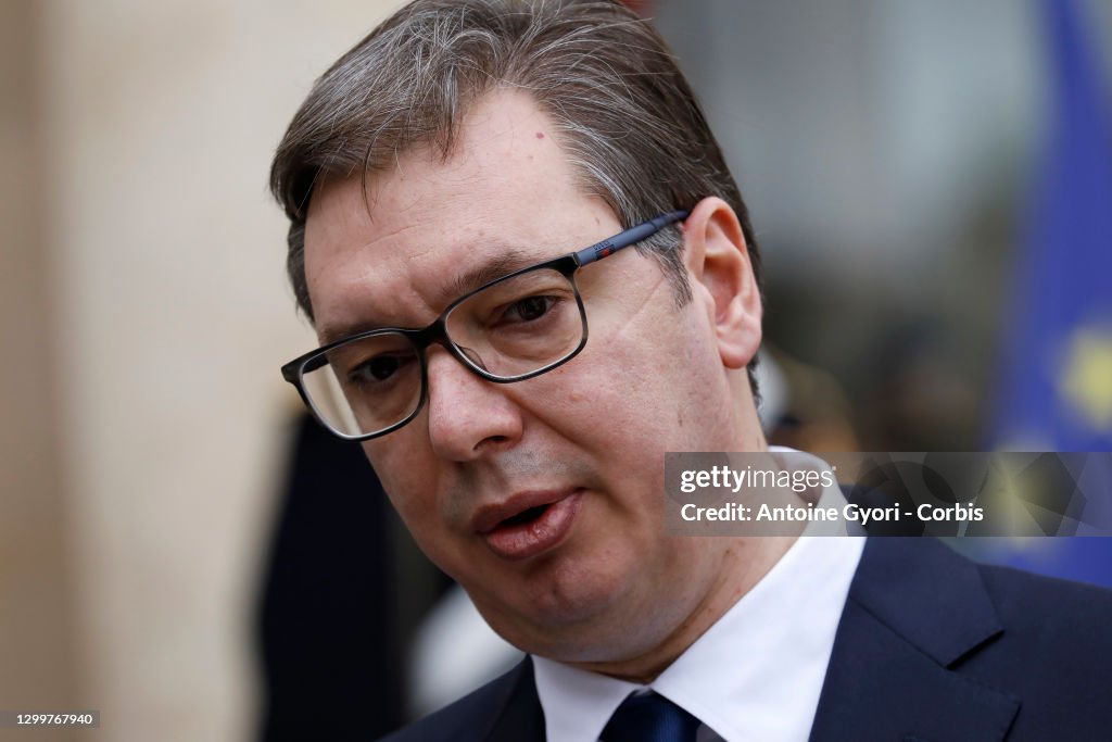 French President Emmanuel Macron Receives Aleksandar Vucic, Serbian President At Elysee Palace