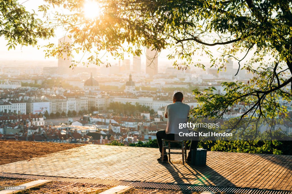 An elevated sunrise view of the Lyon Skyline - stock photo