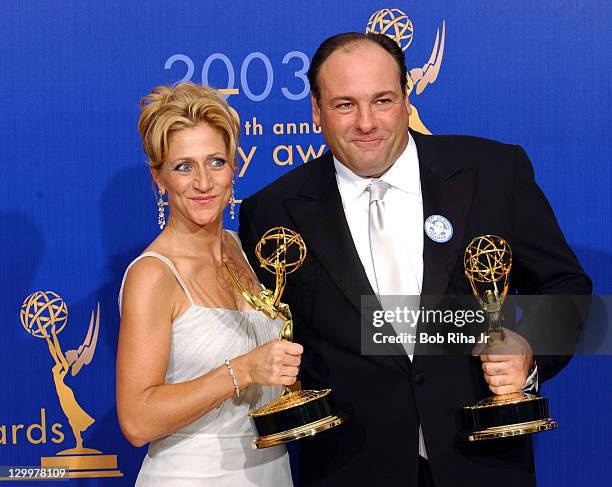 Edie Falco and James Gandolfini winners of the awards for Outstanding lead Actress and Actor in a Drama Series for "The Sopranos" at the 55th Annual...