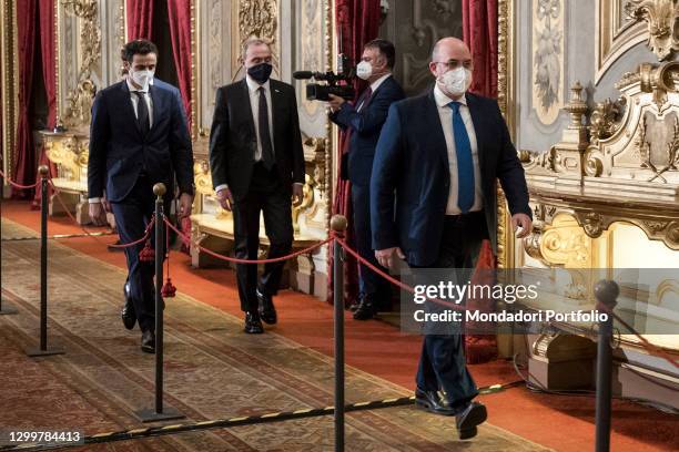 Davide Crippa, Vito Crimi and Ettore Licheri of the five stars movement leave a news conference during the consultations with the President of the...