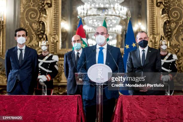 Davide Crippa, Vito Crimi and Ettore Licheri of the five stars movement attend a news conference during the consultations with the President of the...