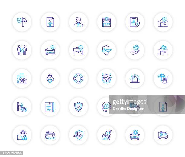 insurance and protection related line icons, outline vector symbol illustration. - insurance stock illustrations