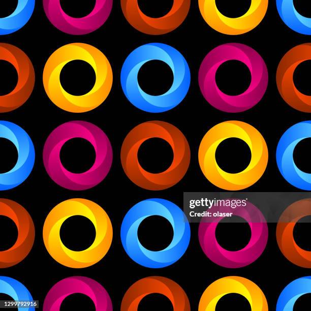 swirl doughnut ring shape in four colored separated segments, on black - donut chart stock illustrations