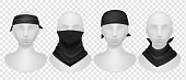 Realistic black bandana. Mannequins mockup with dark kerchief, wearing options buffs, scarves and neck clothes. Modern unisex accessory for head and hair, vector isolated templates set