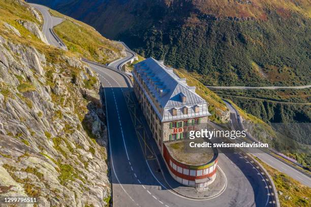 drone view of the belvedere hotel on the furka pass - belvedere hotel stock pictures, royalty-free photos & images