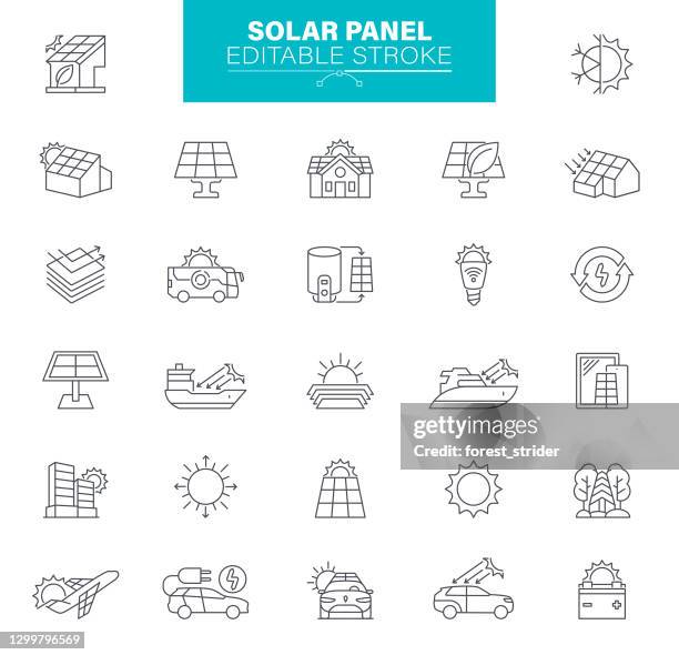 bildbanksillustrationer, clip art samt tecknat material och ikoner med solpaneler ikon, redigerbar stroke. set innehåller ikoner control panel, house, solenergi - solenergi