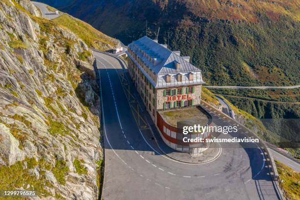 drone view of the belvedere hotel on the furka pass - belvedere hotel stock pictures, royalty-free photos & images