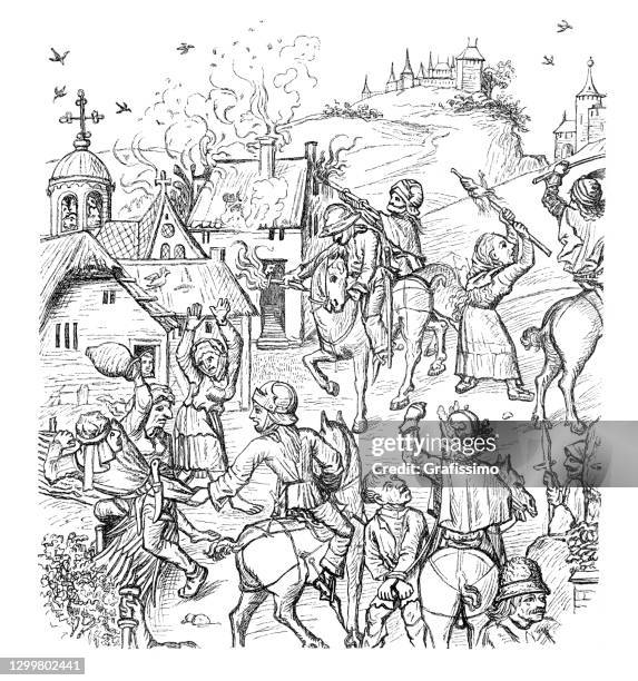 army looting a village in the hussite wars 15th century - hussitism stock illustrations