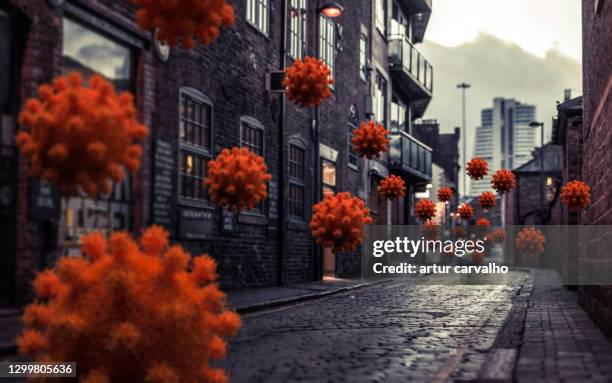 covid virus invading the streets, 3d illustration - coronavirus england stock pictures, royalty-free photos & images