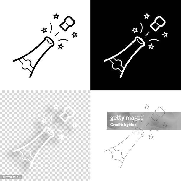 champagner-explosion. symbol für design. leere, weiße und schwarze hintergründe - liniensymbol - sektkorken stock-grafiken, -clipart, -cartoons und -symbole