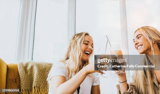 two young woman clink their glasses together in a celebratory toast - iced coffee foto e immagini stock