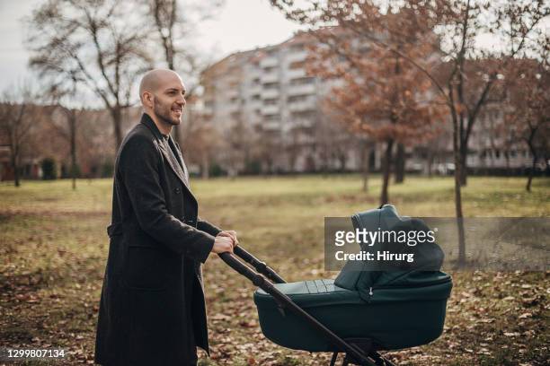 joven padre dando un paseo con cochecito de bebé en el parque - baby stroller fotografías e imágenes de stock