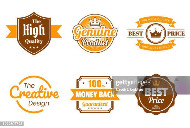 set of orange badges and labels - design elements - reliability concept stock illustrations