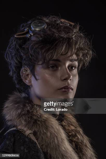 headshot of a steampunk female in a studio shot - studio portrait stock pictures, royalty-free photos & images