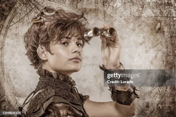headshot of a steampunk female in a studio shot - time machine stock pictures, royalty-free photos & images