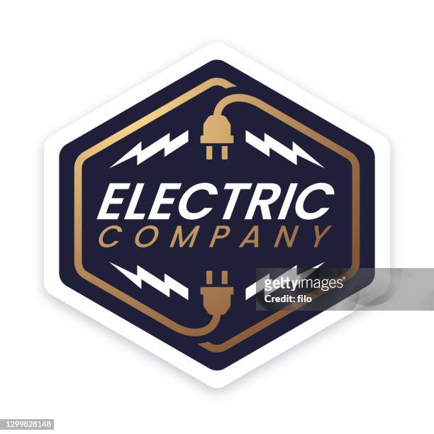illustrazioni stock, clip art, cartoni animati e icone di tendenza di badge di design dell'azienda elettrica - badge
