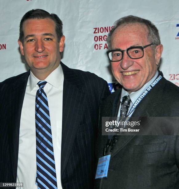 Portrait of Canadian-born American politician US Senator Ted Cruz and attorney Alan Dershowitz as they talk together at Zionist Organization of...