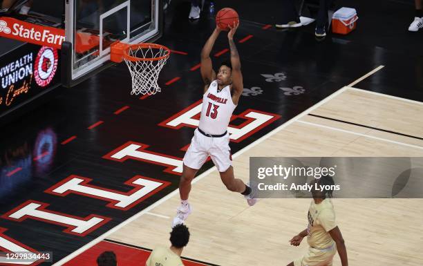 David Johnson of the Louisville Cardinals shoots the ball against the Georgia Tech Yellow Jackets at KFC YUM! Center on February 01, 2021 in...