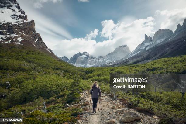 woman trekking on footpath through dramatic mountain valley - torres del paine national park imagens e fotografias de stock