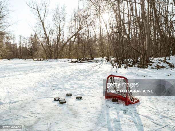 outdoor skating rink on the frozen pond - hockey rink stock pictures, royalty-free photos & images