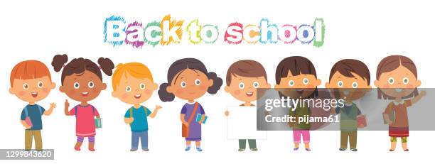 cute kids with books. back to school. happy boys and girls - smiling baby white background stock illustrations