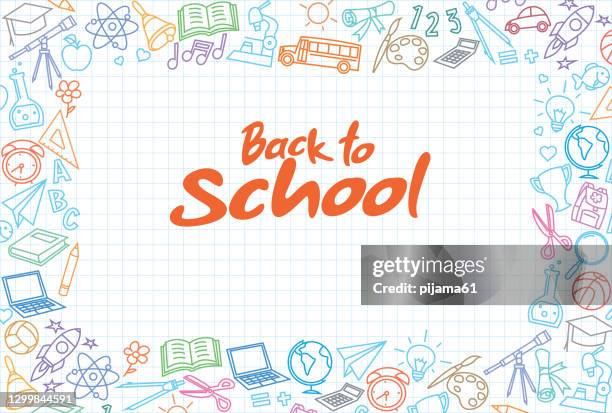 ilustrações, clipart, desenhos animados e ícones de de volta ao passado escolar com ícones de arte de linha - back to school