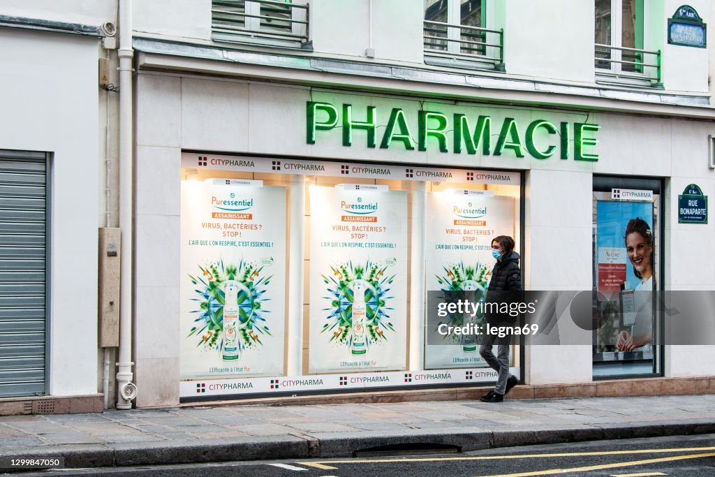 Pharmacy with a people wearing a mask during pandemic Covid-19