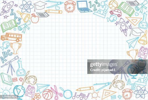 back to school background with line art icons - back to school pattern stock illustrations