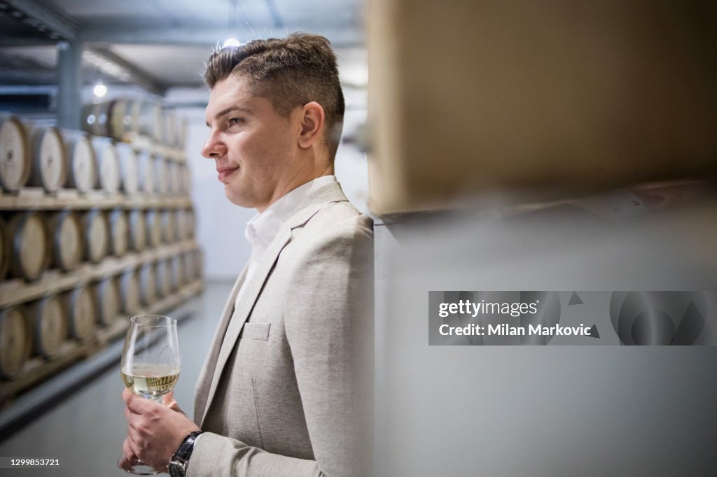 Sommelier Weinprobe. Der Besitzer des Weingutes überprüft die Qualität und die Vorräte an Wein im Weinkeller, um ihn herum sind Holzfässer mit Qualitätswein. Regelmäßige Besichtigung des Weinkellers und Weinprobe.