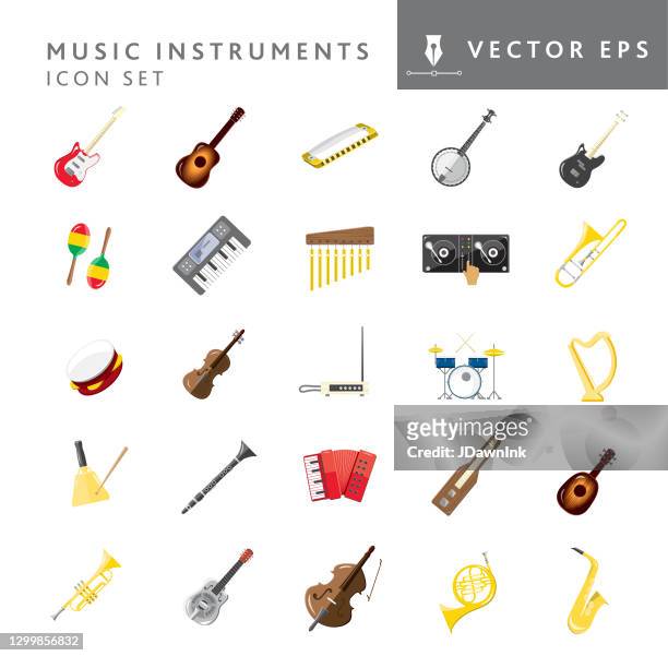 illustrazioni stock, clip art, cartoni animati e icone di tendenza di set di icone di strumenti musicali assortiti a colori - violoncello