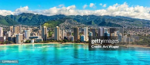 waikiki beach aerial - hawaii panoramic stock pictures, royalty-free photos & images