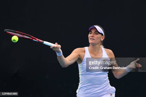 Timea Babos of Hungary plays a forehand during her match against Caroline Garcia of France during day three of the WTA 500 Gippsland Trophy at...