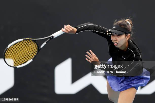 Mayo Hibi of Japan serves in her Women's Singles Second Round Match against Elise Mertens of Belgium during day three of the WTA 500 Gippsland Trophy...