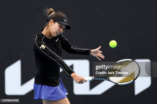 Mayo Hibi of Japan plays a backhand in her Women's Singles Second Round Match against Elise Mertens of Belgium during day three of the WTA 500...