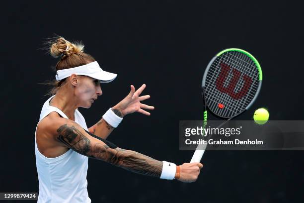 Polona Hercog of Slovenia plays a backhand in her match against Daria Kasatkina of Russia during day three of the WTA 500 Gippsland Trophy at...