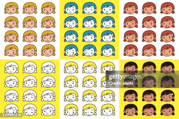 facial expression (emoticons) collection of cute teenage girls with pigtails - eyes closed stock illustrations