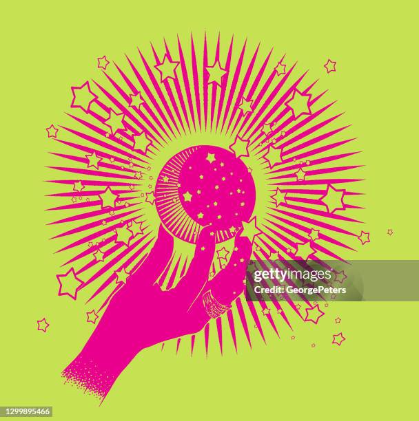 hand holding moon with stars and sunbeams - forecasting illustration stock illustrations