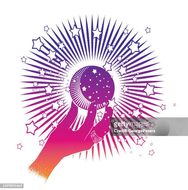 hand holding moon with stars and sunbeams - fortune teller stock illustrations