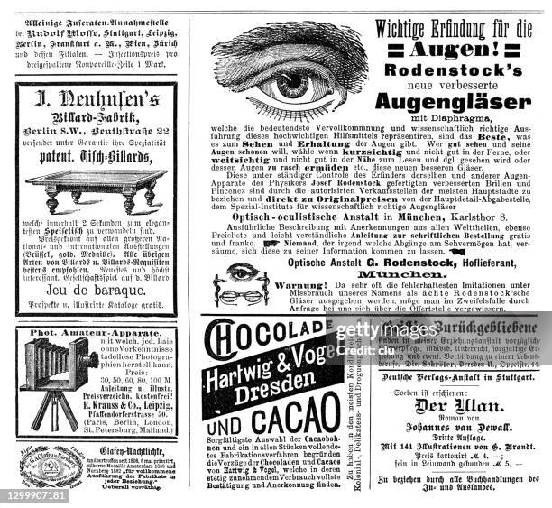 werbeblatt im deutschen magazin 1888 - billard tisch stock-grafiken, -clipart, -cartoons und -symbole