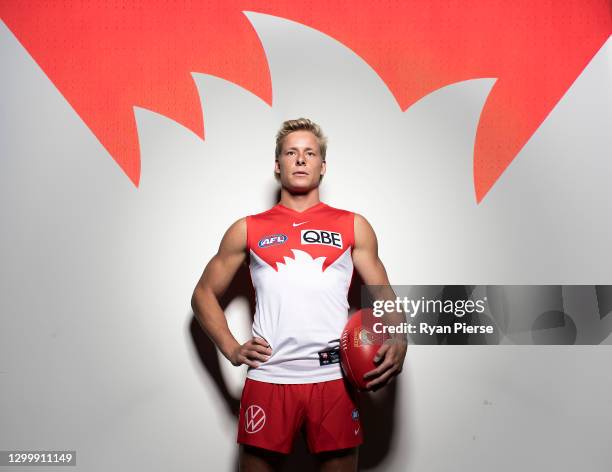 Isaac Heeney of the Swans poses during a portrait session at the Sydney Swans 2021 AFL media day at Sydney Cricket Ground on February 02, 2021 in...