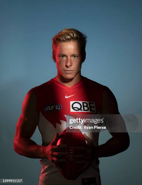 Isaac Heeney of the Swans poses during a portrait session at the Sydney Swans 2021 AFL media day at Sydney Cricket Ground on February 02, 2021 in...