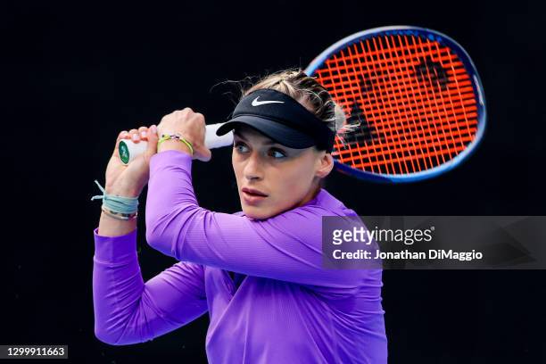 Ana Bogdan of Romania plays a backhand in her singles match against Ashleigh Barty of Australia during day three of the WTA 500 Yarra Valley Classic...