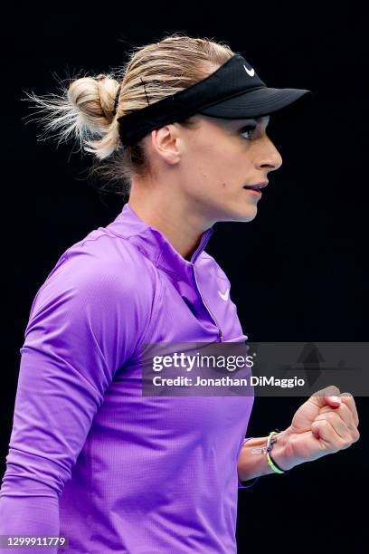 Ana Bogdan of Romania celebrates in her singles match against Ashleigh Barty of Australia during day three of the WTA 500 Yarra Valley Classic at...