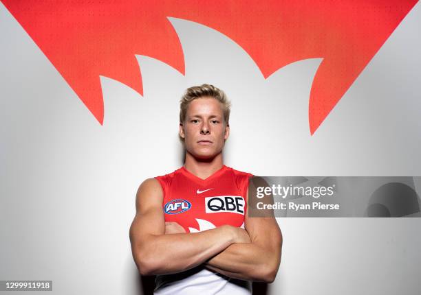 Isaac Heeney of the Swans poses during a portrait session at the Sydney Swans 2021 AFL media day at Sydney Cricket Ground on February 02, 2021 in...