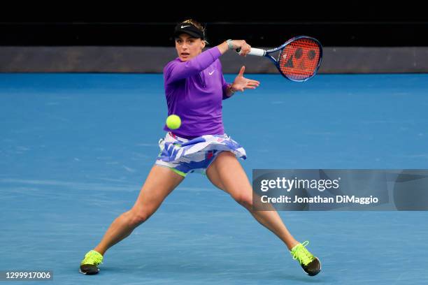 Ana Bogdan of Romania plays a forehand in her singles match against Ashleigh Barty of Australia during day three of the WTA 500 Yarra Valley Classic...